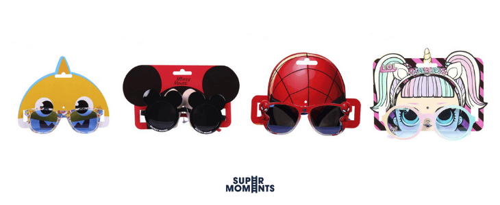 gafas de sol de mickey, spiderman, baby shark y LOL